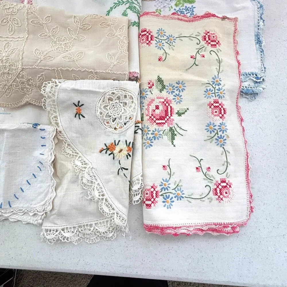 Vintage Linen Cutter Lot Dresser Scarves Runners Cottagecore Embroidered Crochet